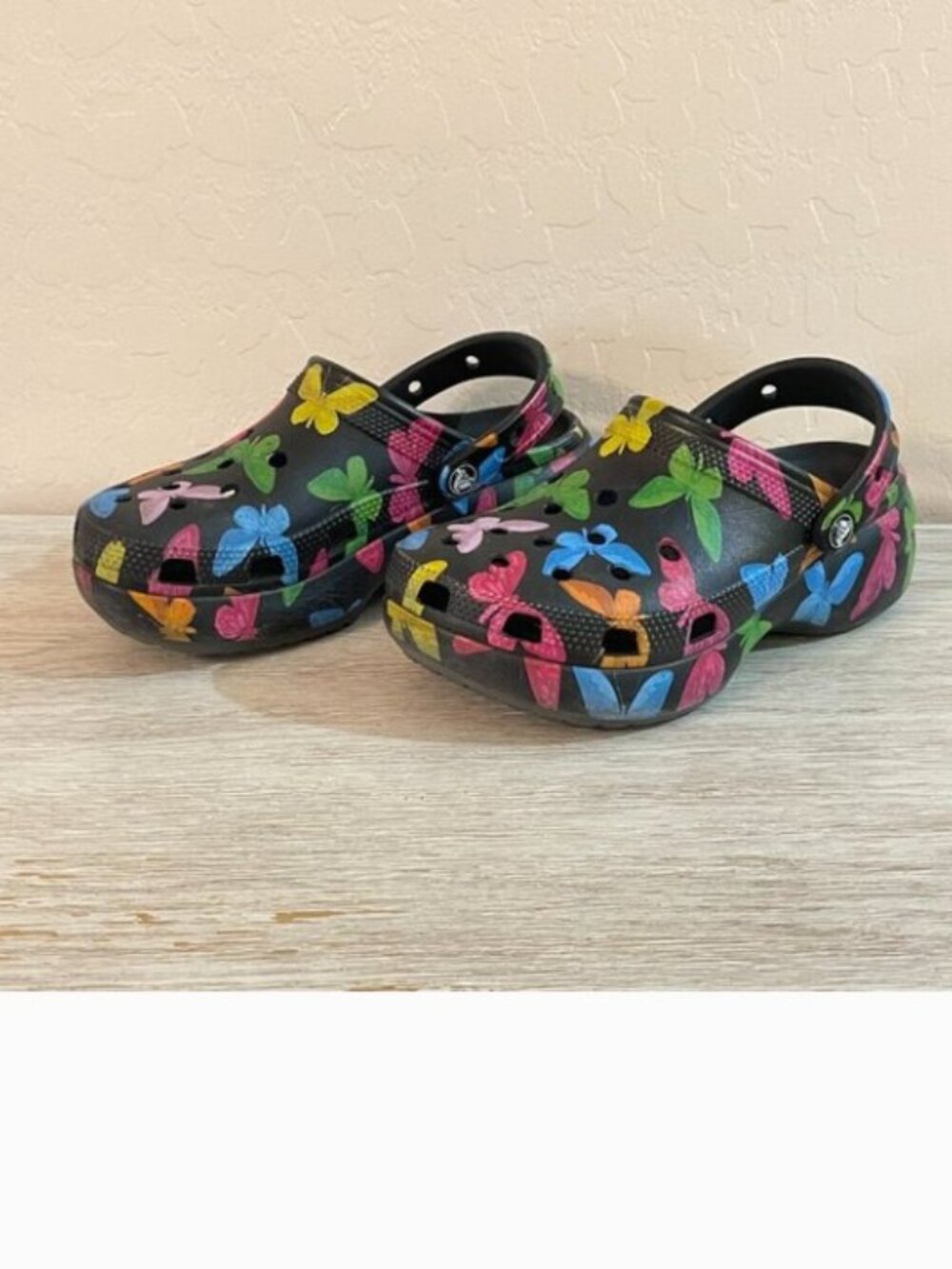 Crocs Black Colorful Butterfly Shoes Mules 6